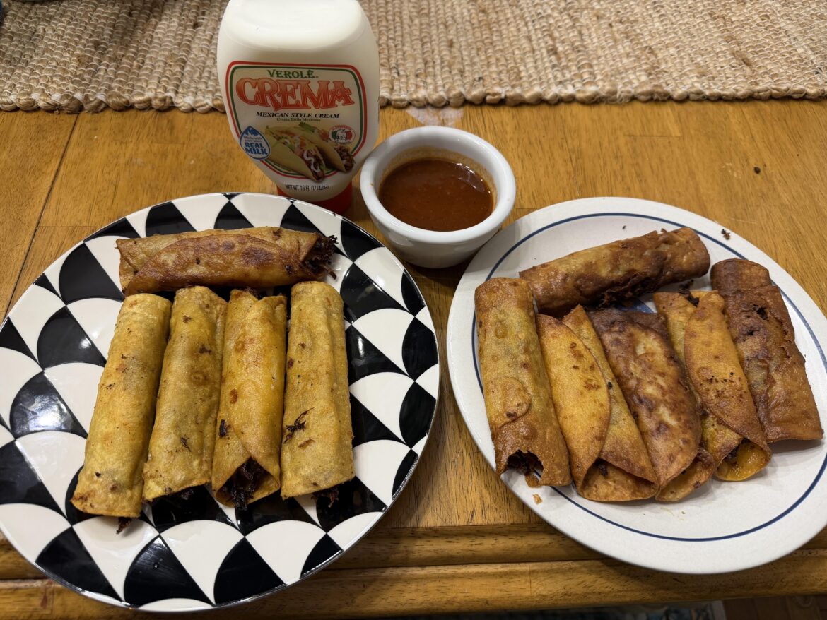Venison birria and ground beef taquitos with cotija