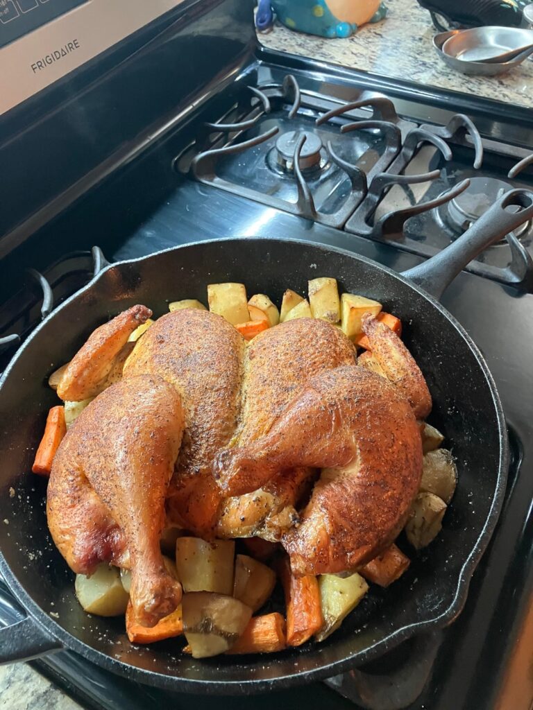 My first spatchcock chicken in my kettle!