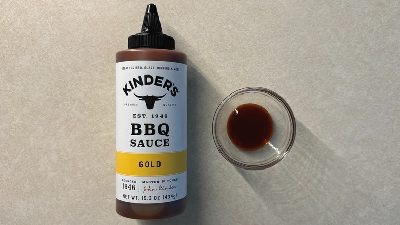 Kinder's Gold BBQ Sauce bottle and sauce in glass ramekin