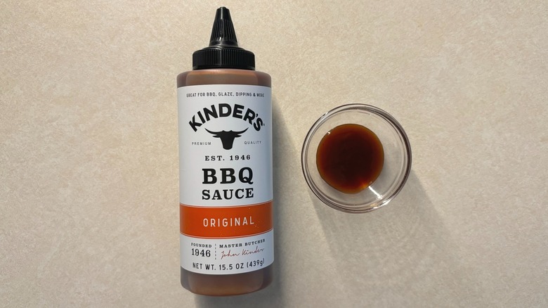 Kinder's Original Mild BBQ Sauce bottle and sauce in glass ramekin