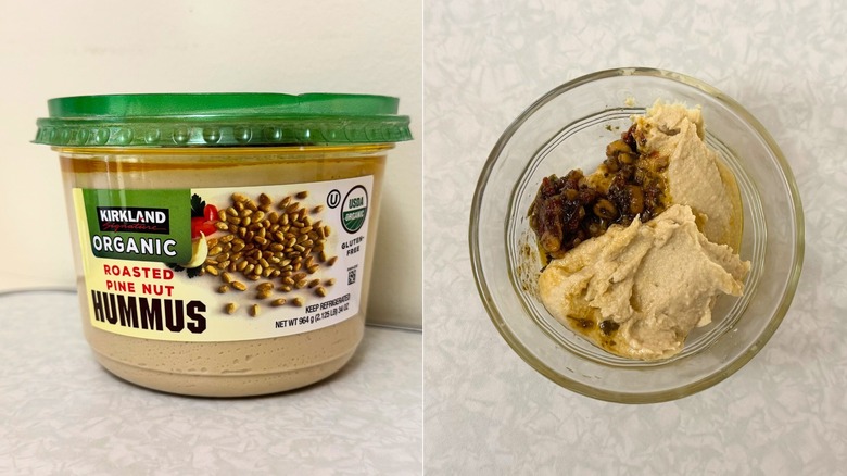 Package of Kirkland Signature Organic Roasted Pine Nut Hummus beside small, filled bowl