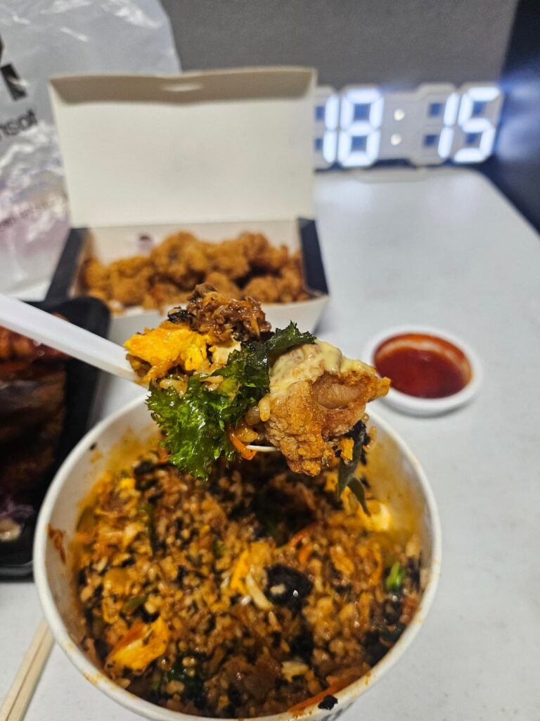 Lazy day delivery meal with bibimbap and crispy chicken
