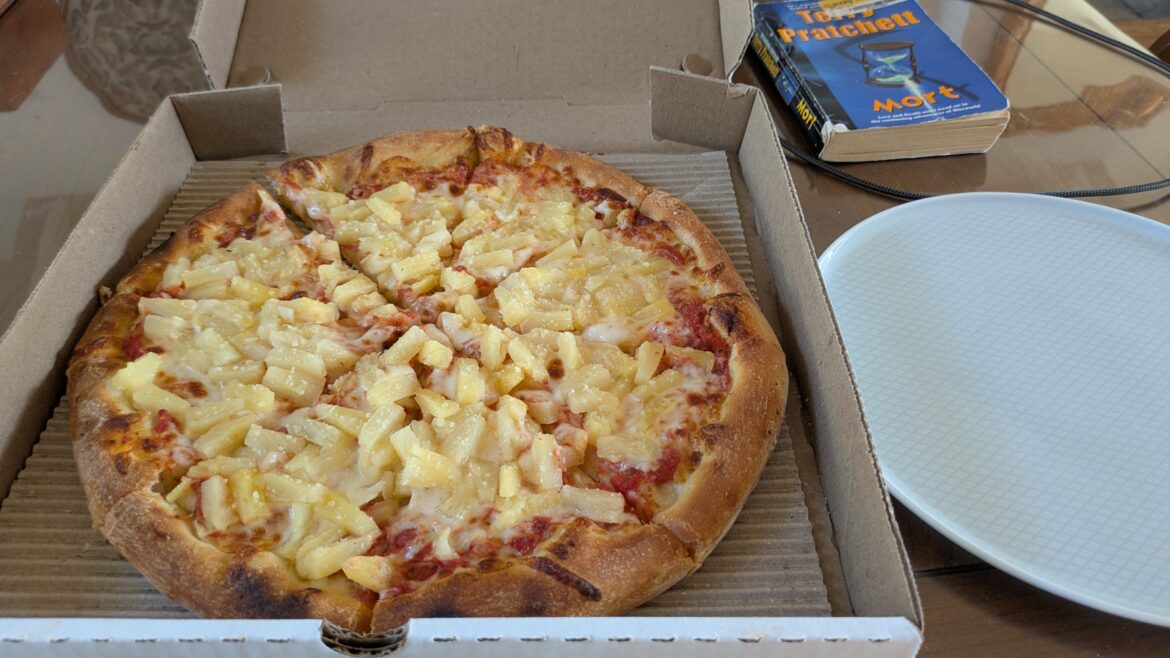 My go to pizza order: double pineapple on red sauce. Italians, come at me.