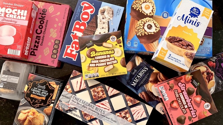 Overhead shot of selected packages of Aldi frozen desserts