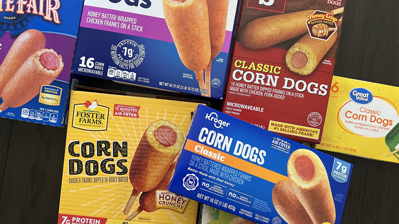 8 different boxes of frozen corn dogs.