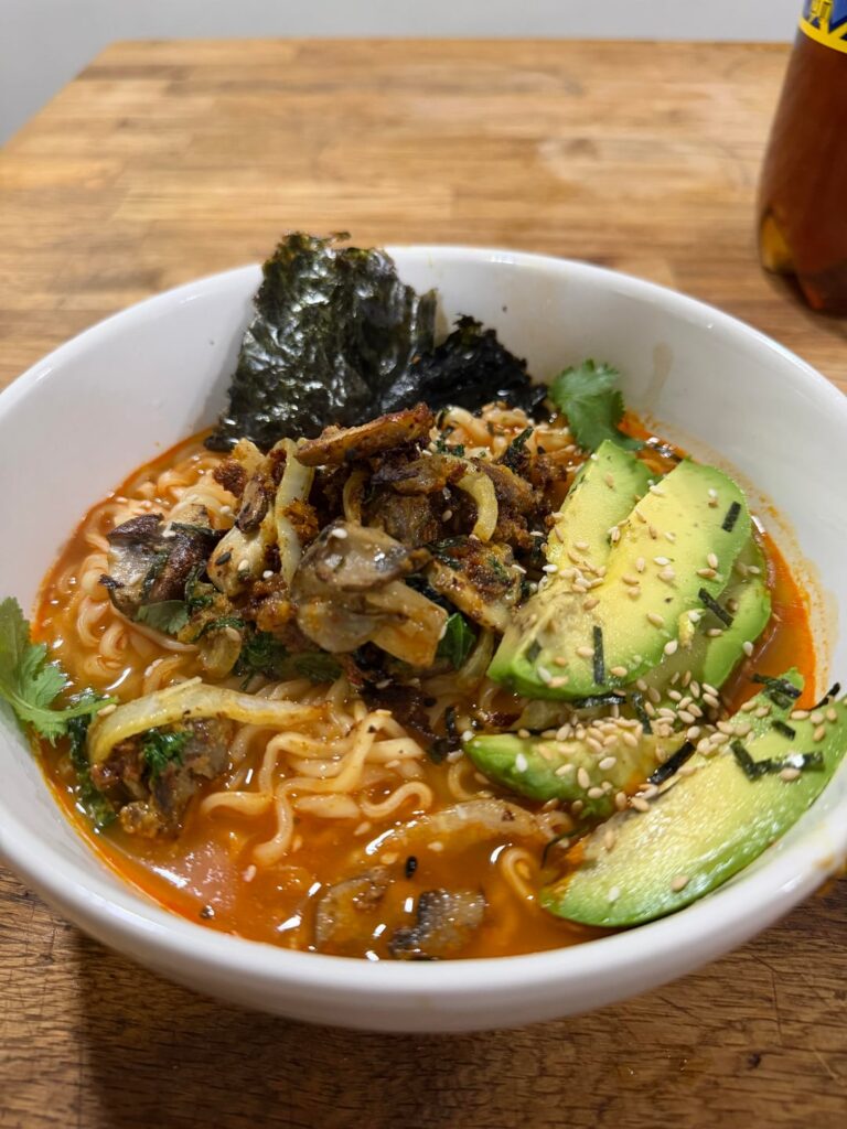 Spicy ramen this time with avocado “egg” and Nori