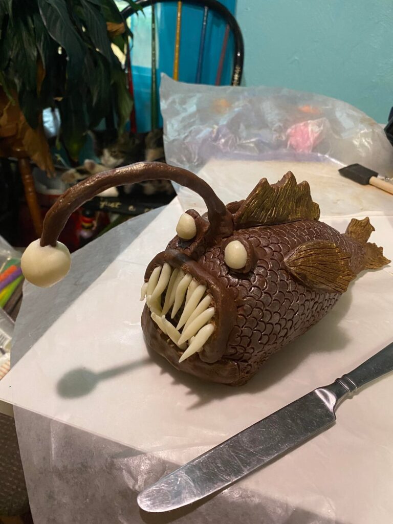 Modeling Chocolate Angler Fish Cake for my nephew