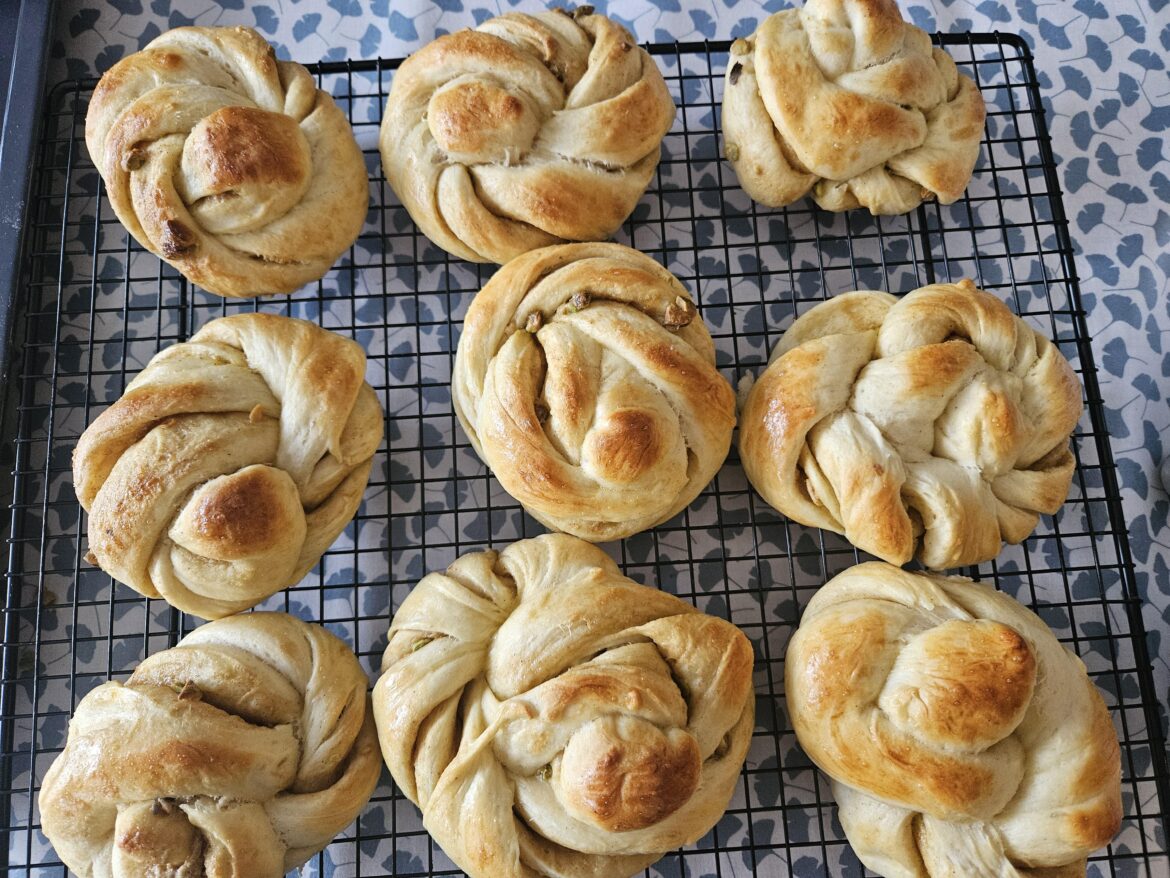 Not to be outdone by his little sister, big brother made pistachio twists...