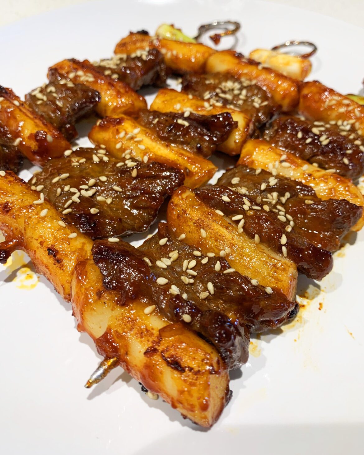 Grilled Saucy Korean Sweet Chili Beef & Rice Cake Skewers