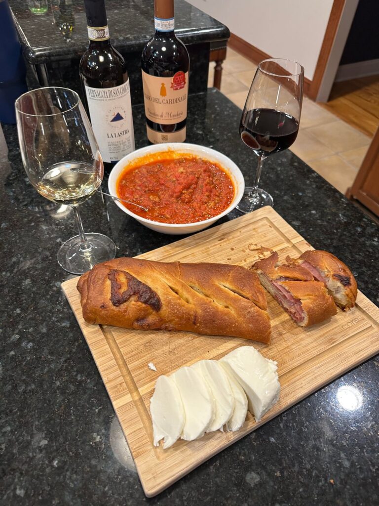 Today’s board- pretty simple. Put all the charcuterie in a beautiful bread and serve with homemade bolognese sauce and fresh mozzarella.