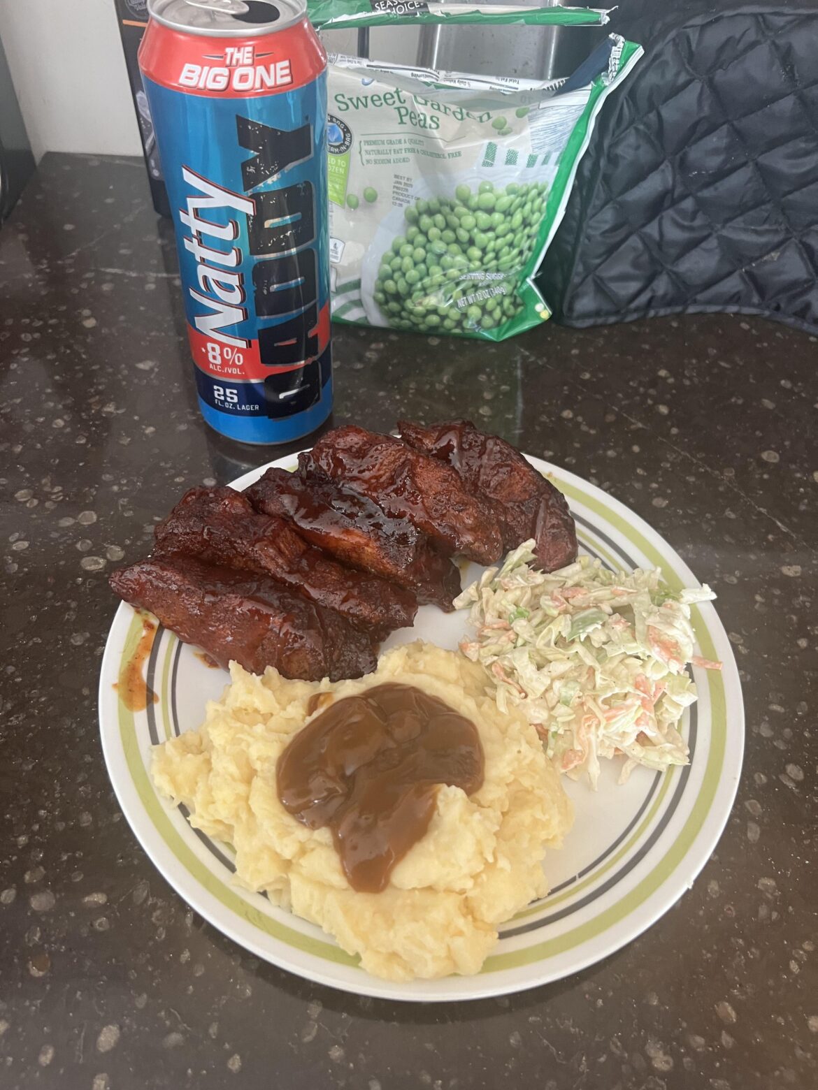 Country style pork ribs, box 4 cheese instant mashed potatoes/gravy and homemade coleslaw
