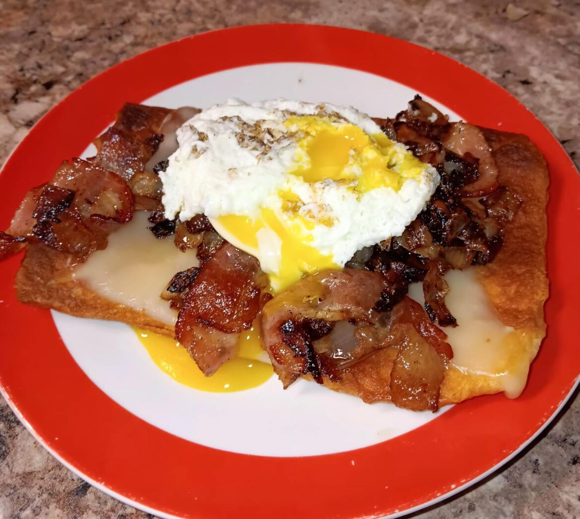 Puff pastry, bacon, onion and runny egg