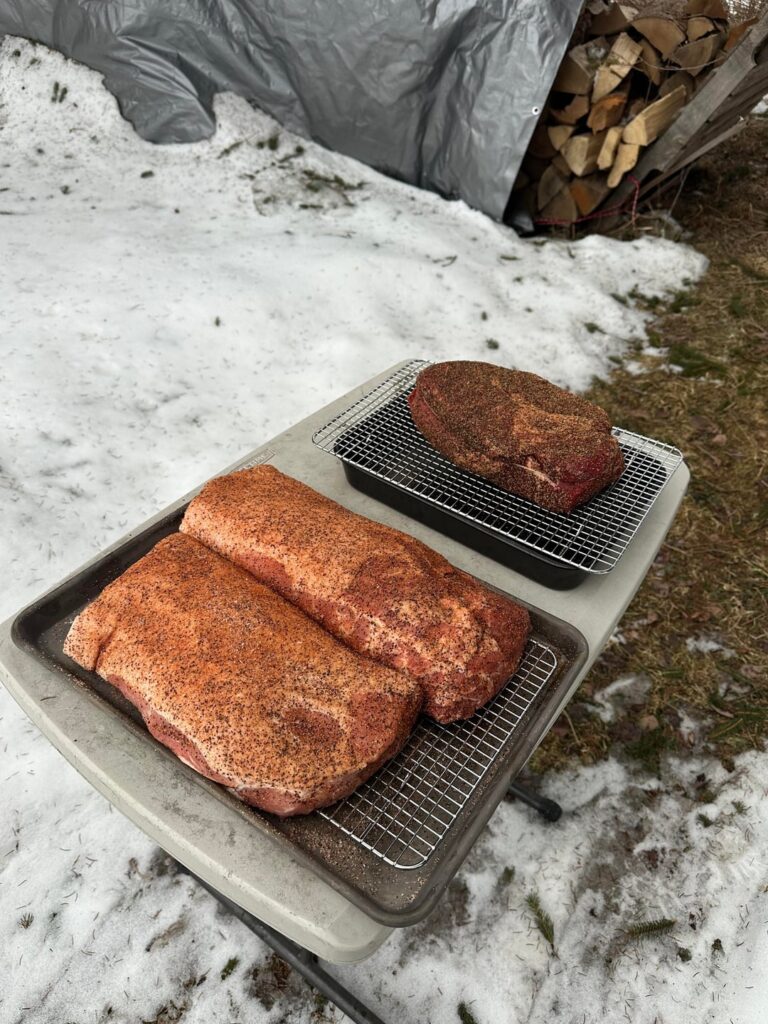 Took advantage of the mid-40s in upstate New York yesterday- whole pork loin and chuck roast
