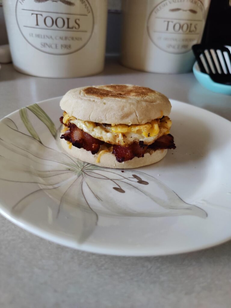 Bacon, egg and cheese on English muffin