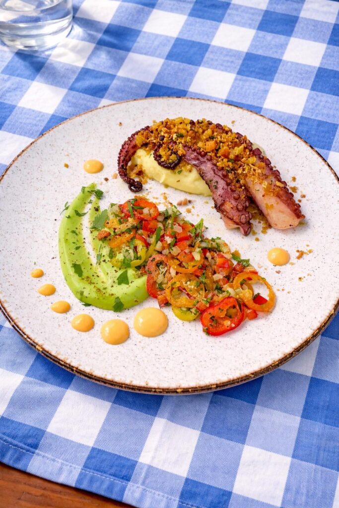 Pan-Seared Octopus | Potato Purée | Pepper Salad | Cornbread Crumble | Parsley Mayo & Roasted Bell Pepper Mayo