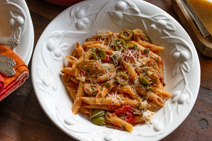 penne with tomatoes, olives, and artichokes