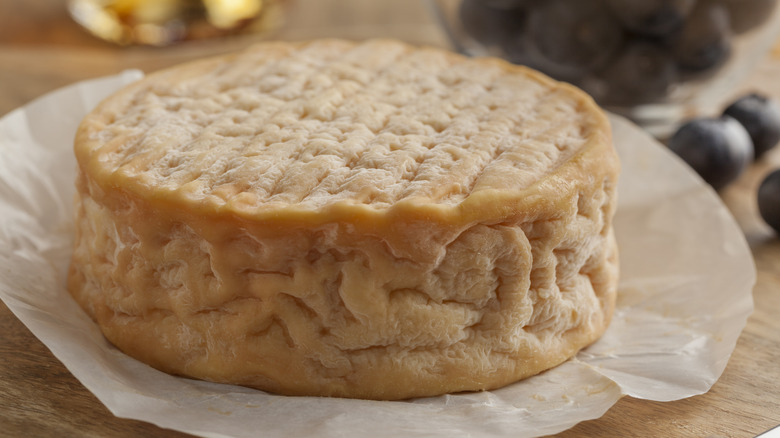 A full wheel of Époisses on top of the paper packaging