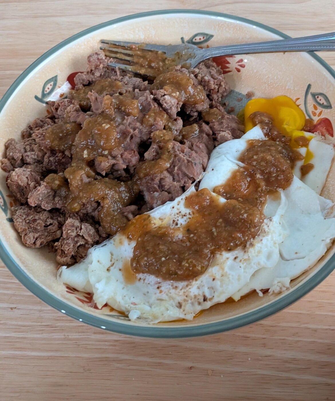 Refried-ish beans, eggs and salsa