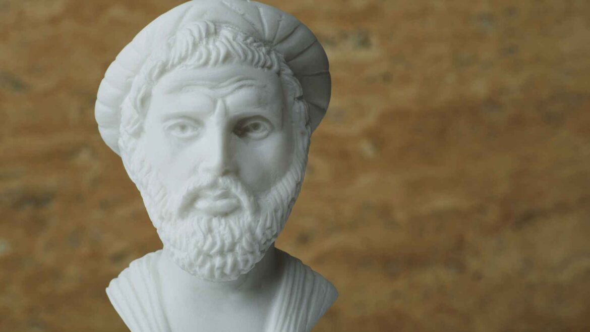 “If you want to live a long life, keep aged wine and an old friend” White bust of Pythagoras, the Greek philosopher and mathematician associated with a quote about old wine, friendship, and long life.