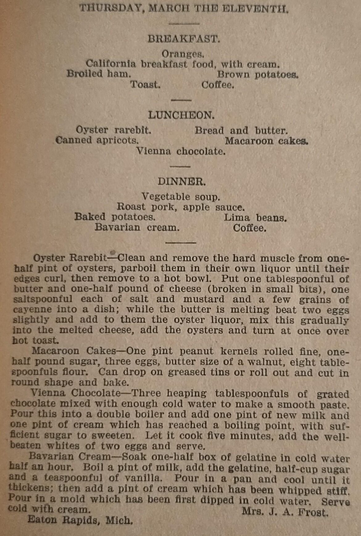 Menu March 11th 1896