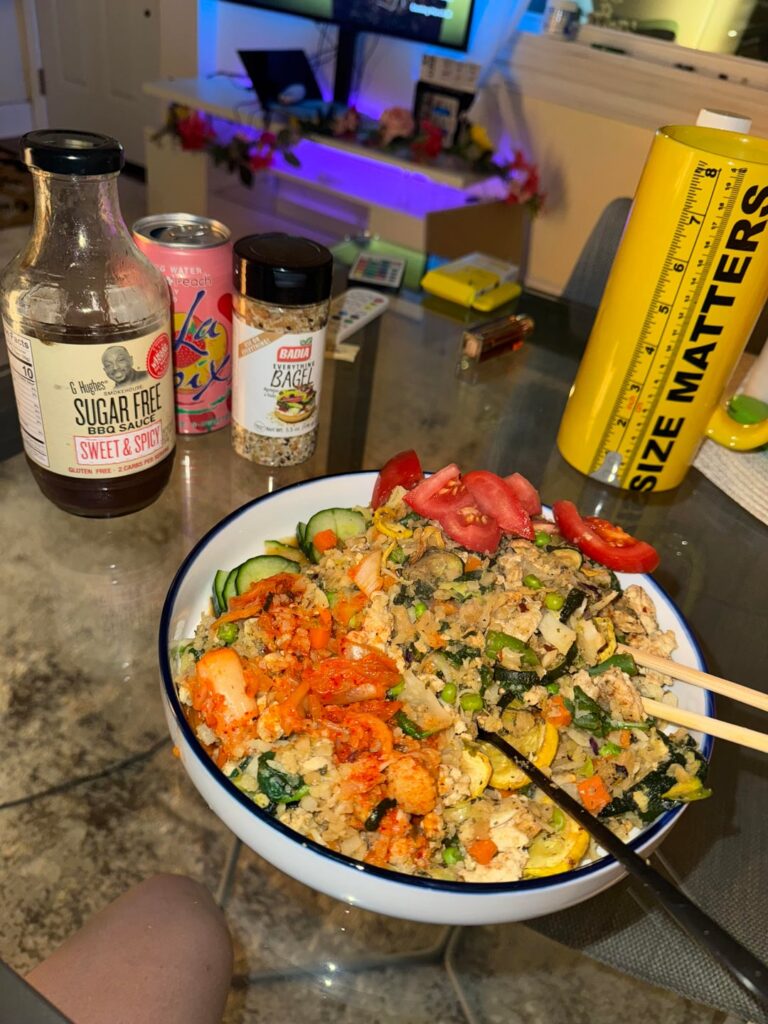 Giant Cauliflower rice coleslaw Turkey Stir fry slop, aka chefs special 260 cal