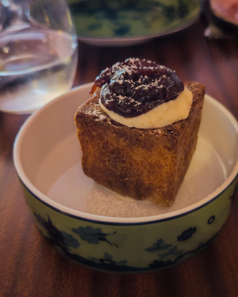 Cube croissant with ricotta and sour cherry jam and espresso