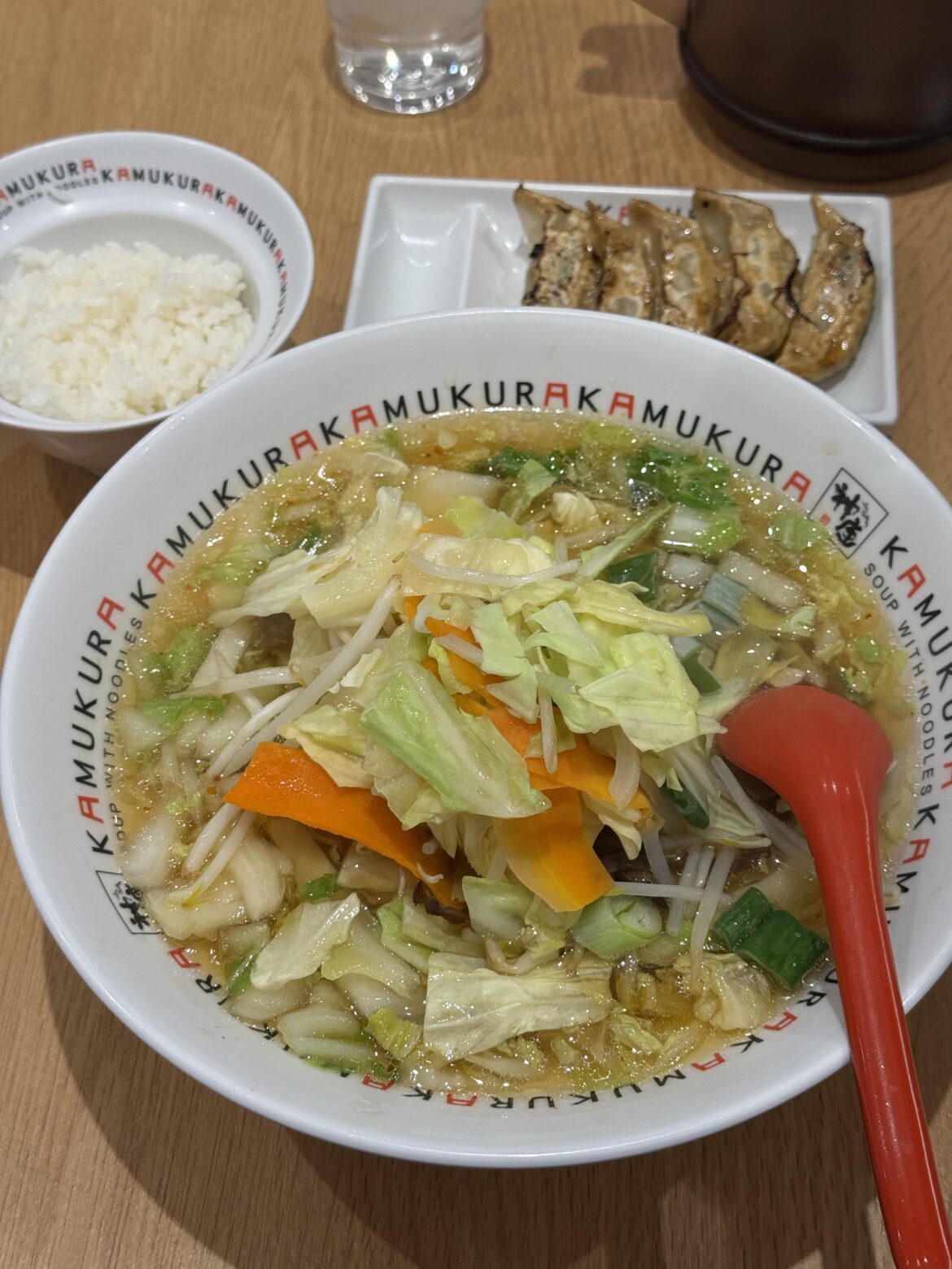 Veggie loaded ramen with gyoza and rice
