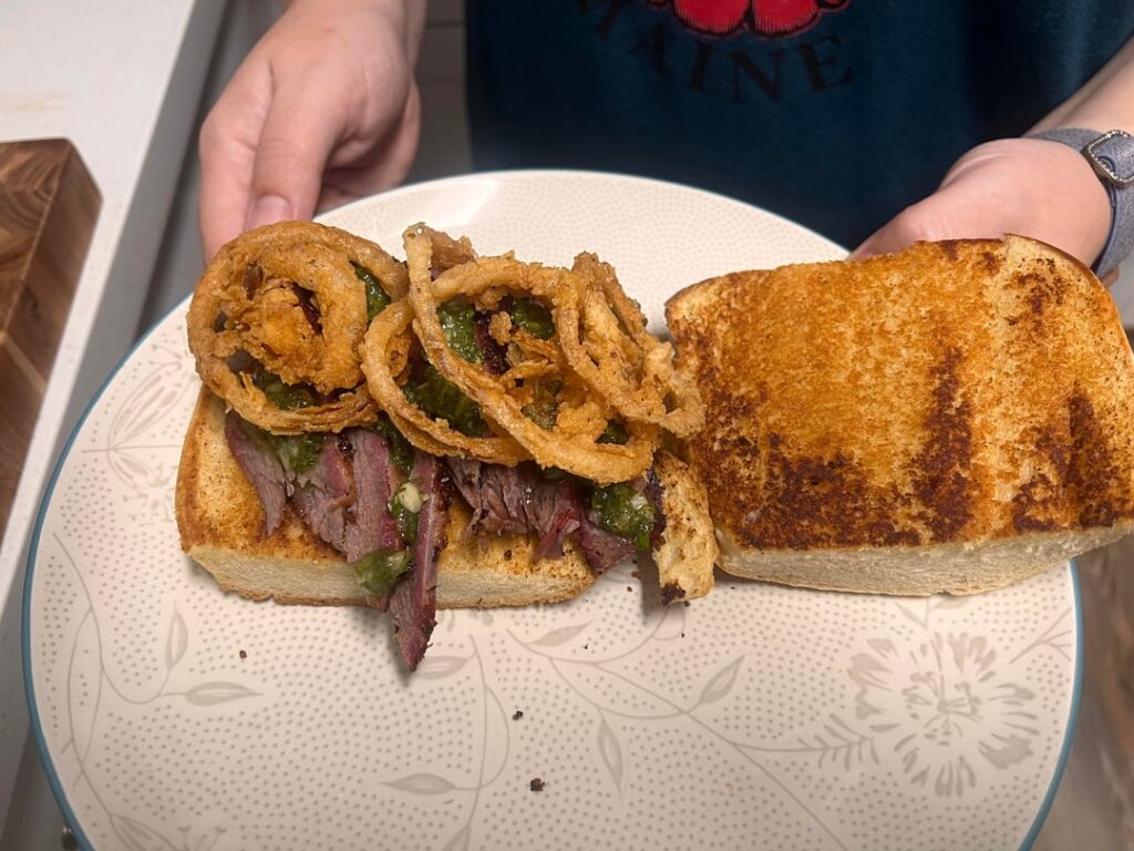 Tri tip with some chimichurri and crispy shoe string onions
