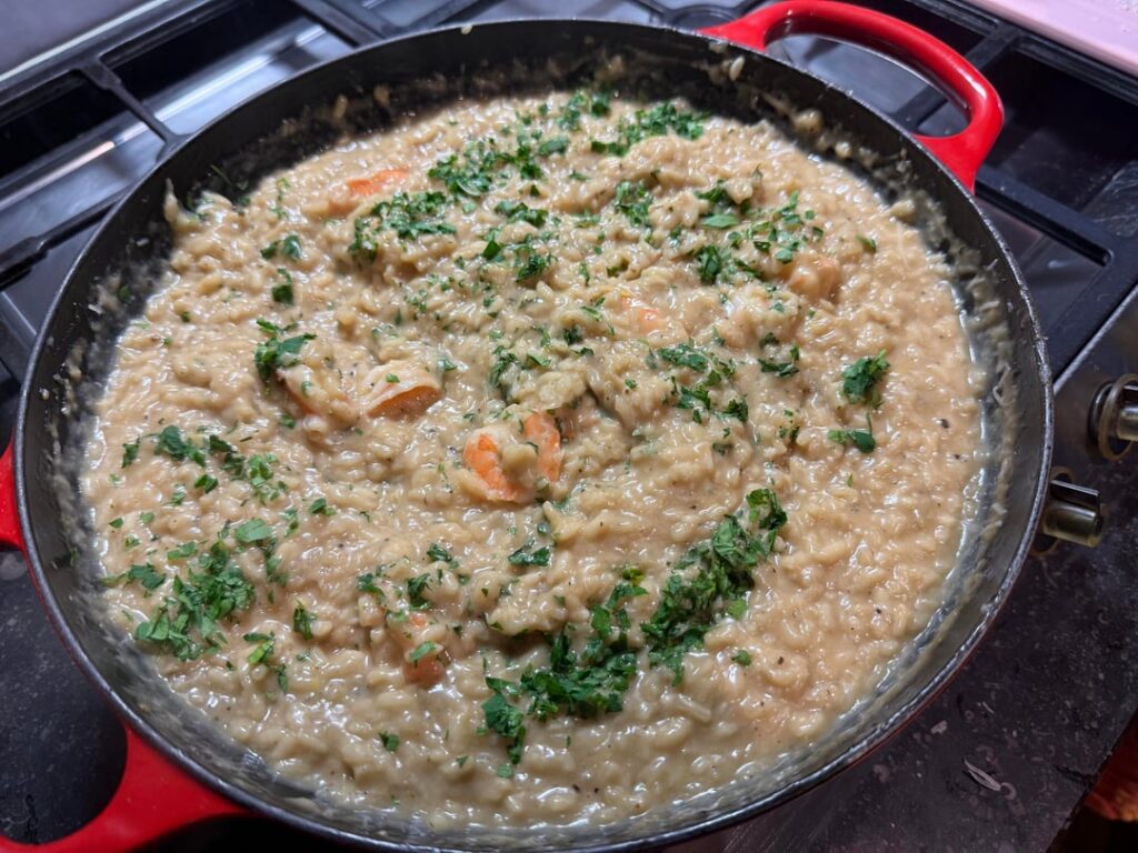 Shrimp risotto from homemade stock, and hazelnut chocolate chip cookies for dessert