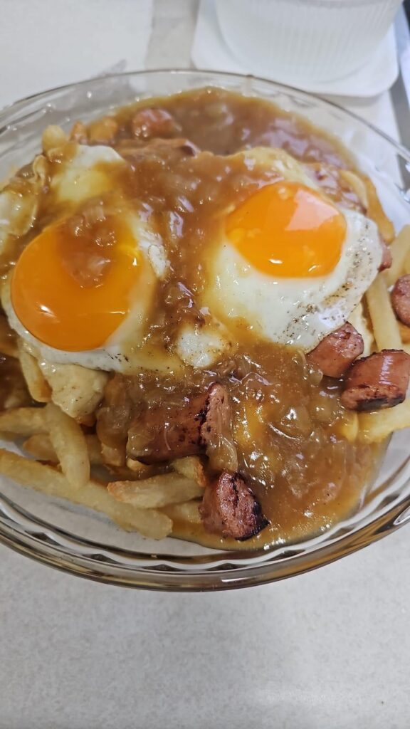 My friend made a breakfast poutine with “onion gravy”