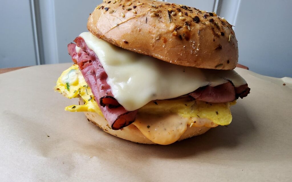 Made a Bodega like breakfast sandwich for lunch. Pastrami egg cheese on bagel.