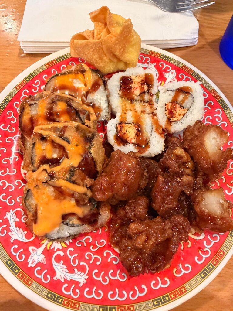 buffet sushi plate + 16oz brown sugar milk w tapioca