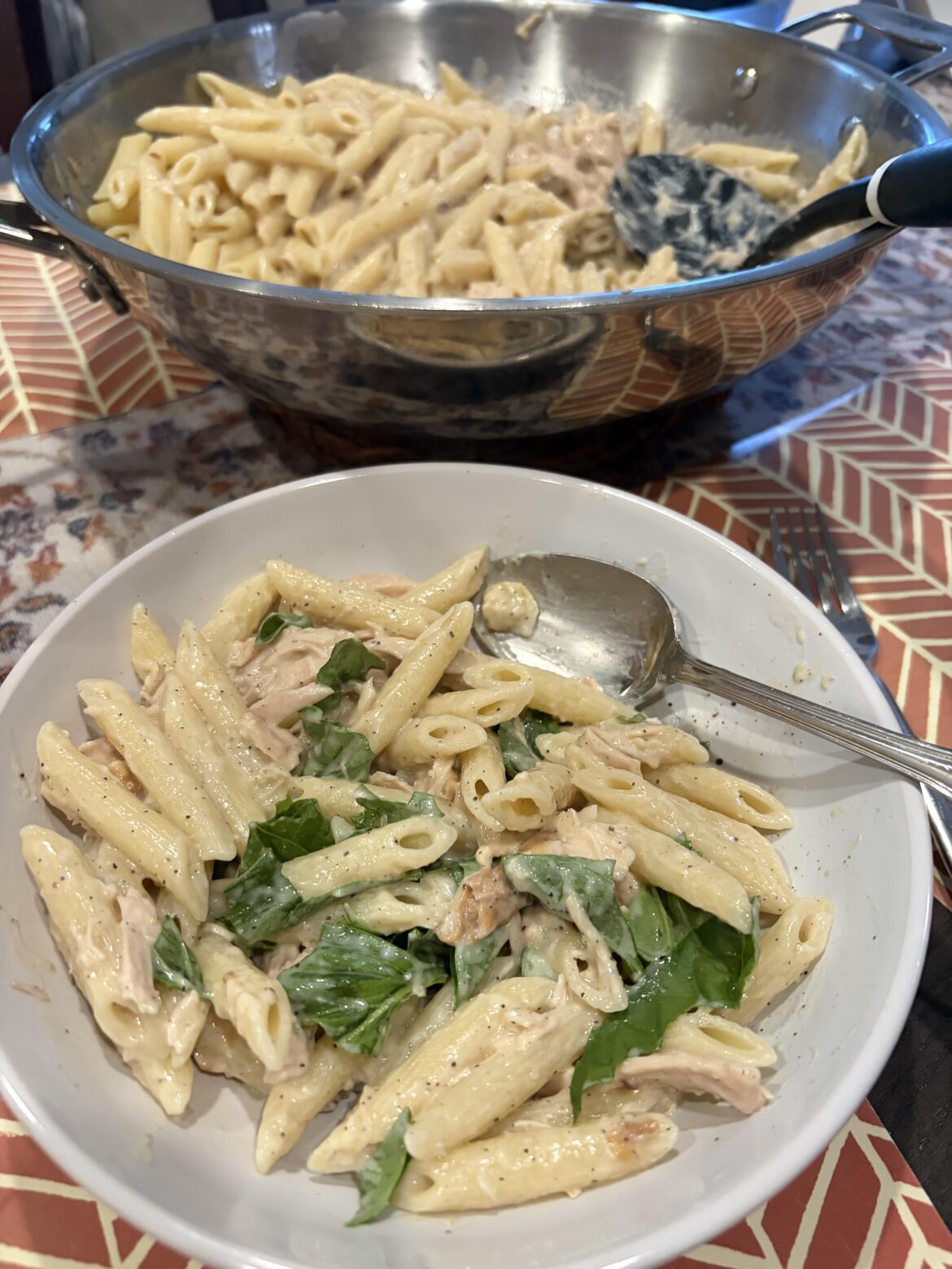 Penne with rotisserie chicken and basil