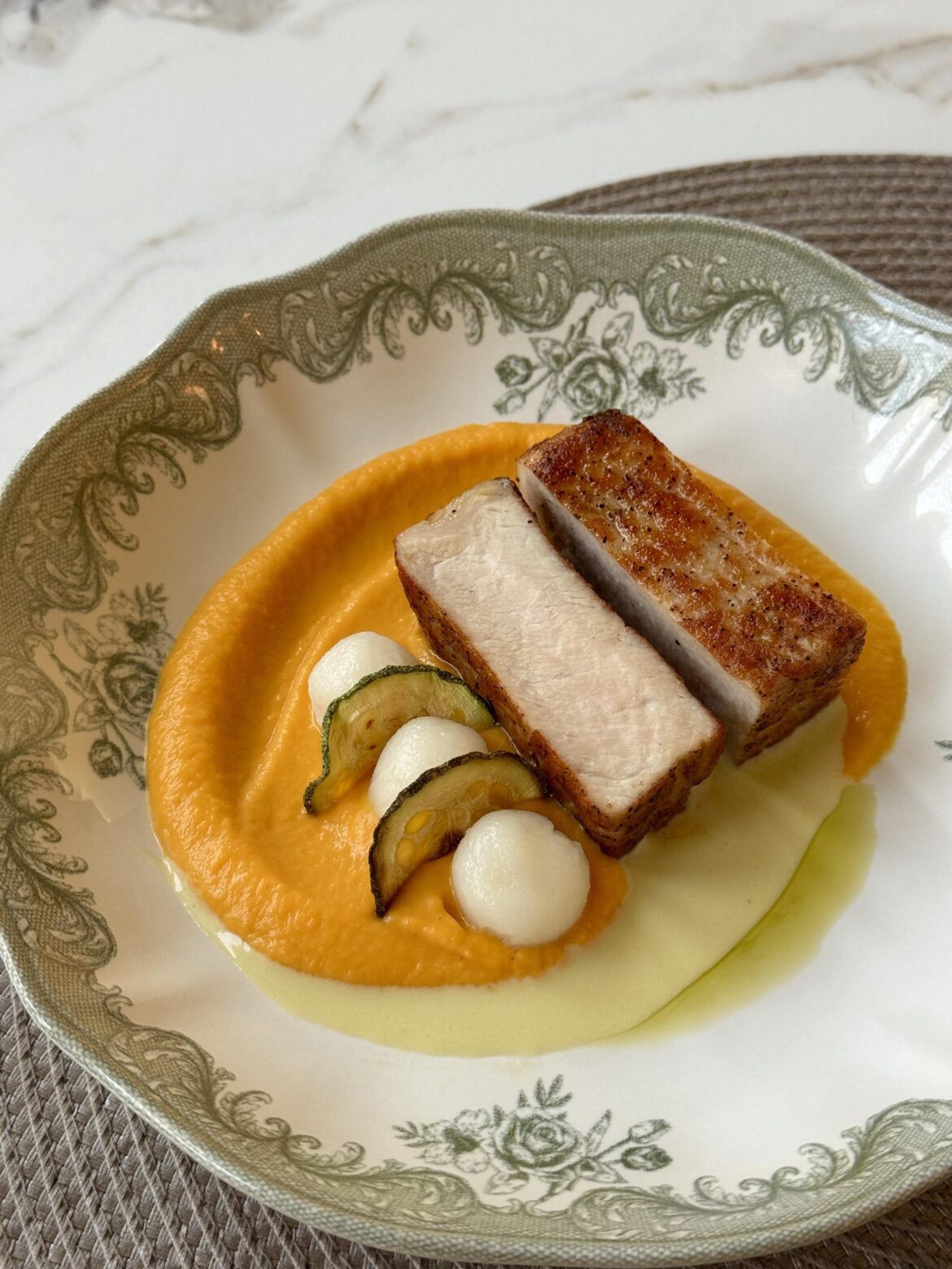 Second try. Pork loin chop, butternut squash puree, Sae Als, squash chips, nori cream sauce and nori oil.