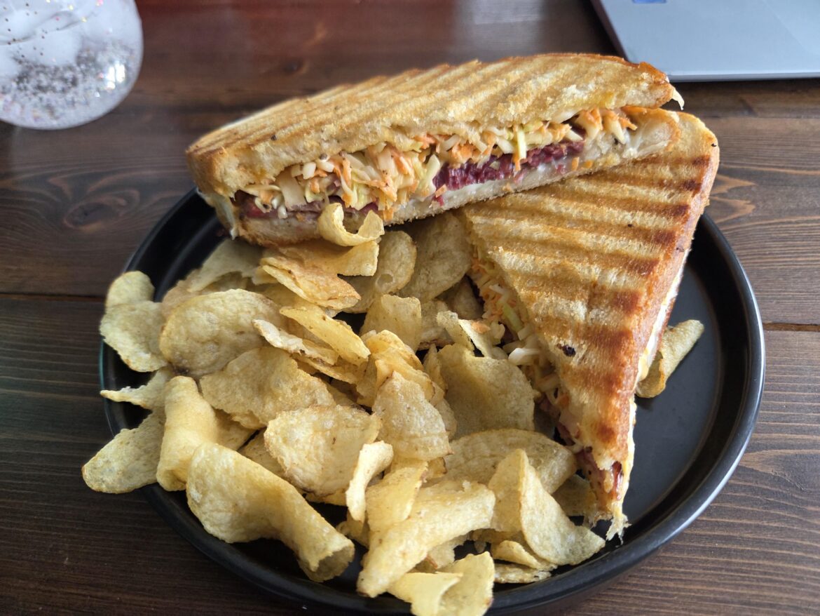 Pastrami, sourkraut slaw, provolone on pressed Sourdough [Homemade]