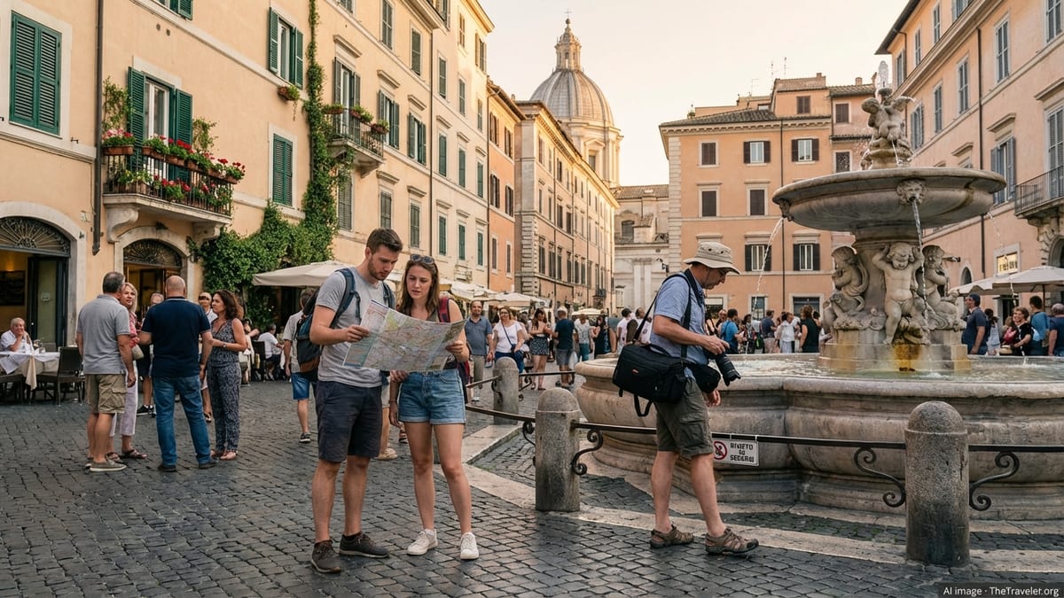 Tourists navigate a busy Italian piazza near a historic fountain on a sunny afternoon.