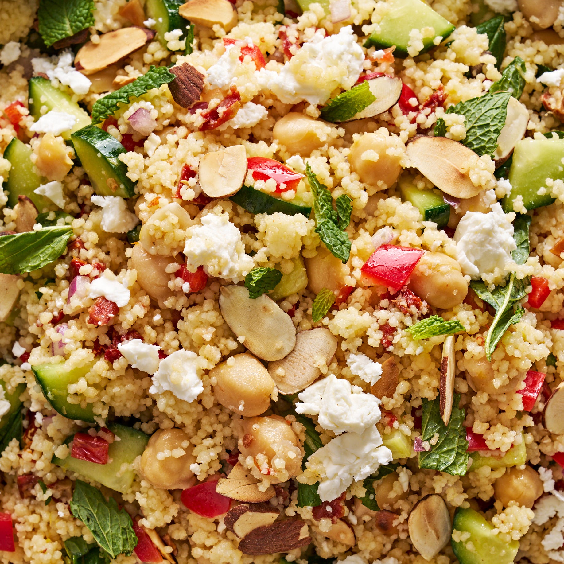 summer couscous salad with feta, chickpeas, and fresh mint