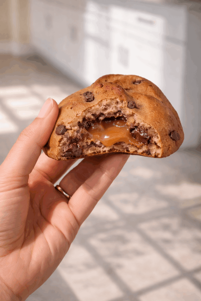 Classic buttery chocolate chip cookie with a rich, gooey salted caramel core