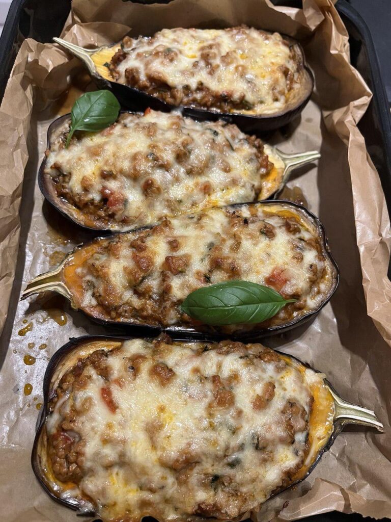 Cheesy stuffed eggplant boats[OC]