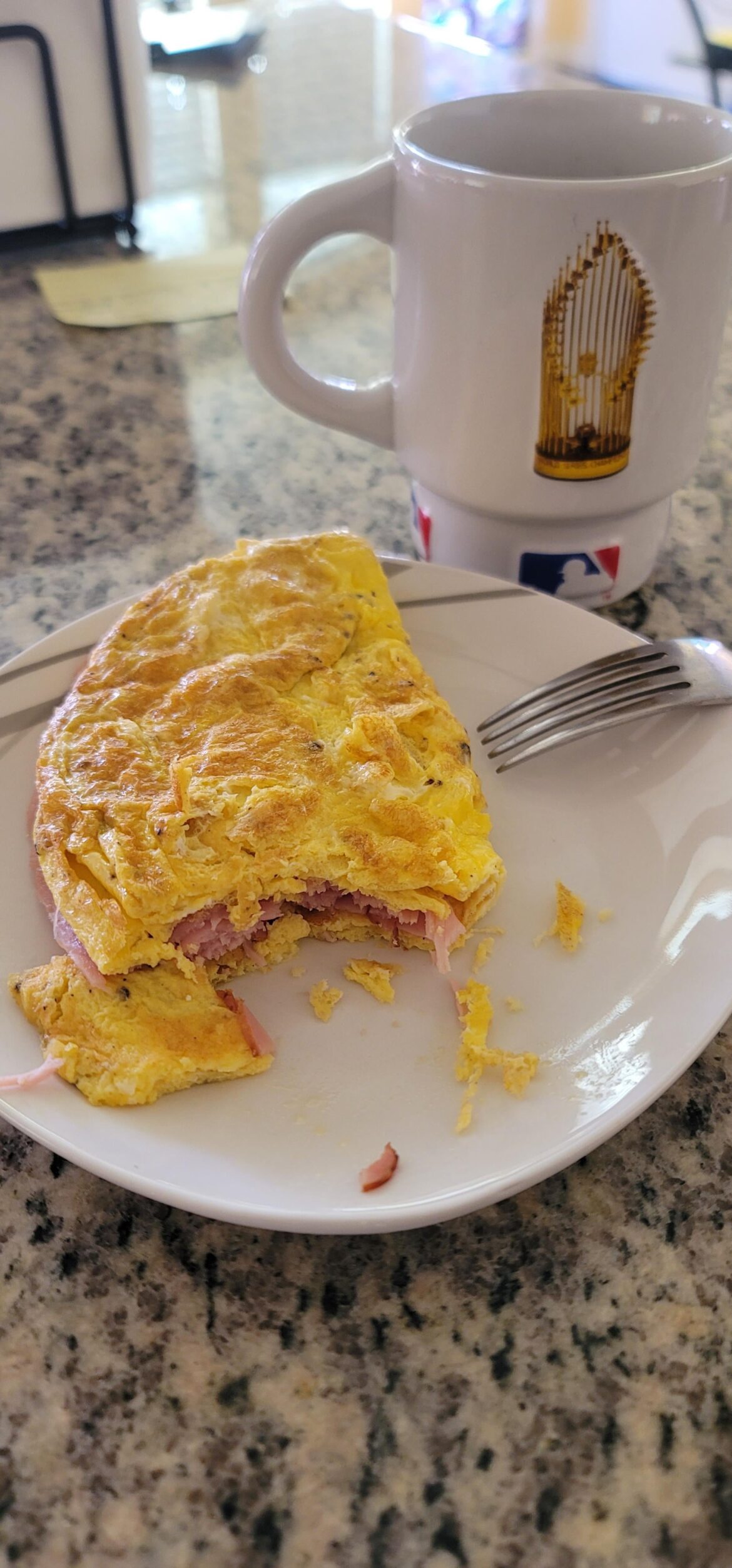 Work week breakfast, ham omelet and coffee