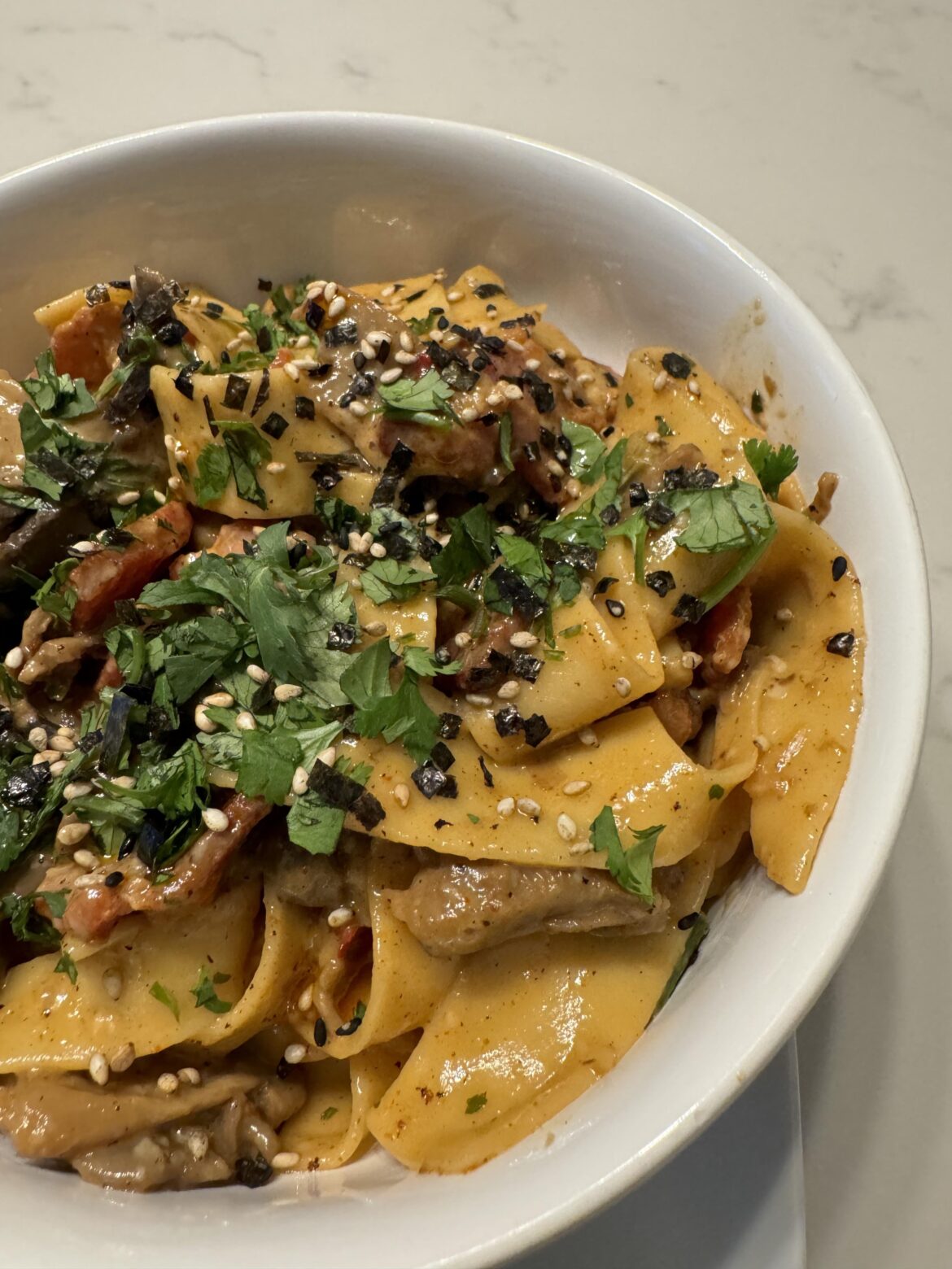 [homemade] Pappardelle meets shin ramen black meets carbonara.