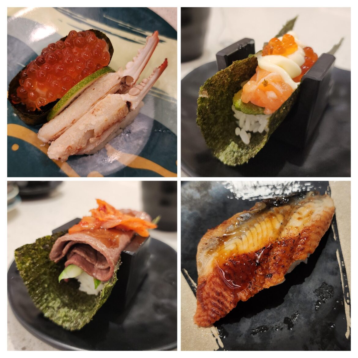 Hand rolls, unagi, crab and ikura