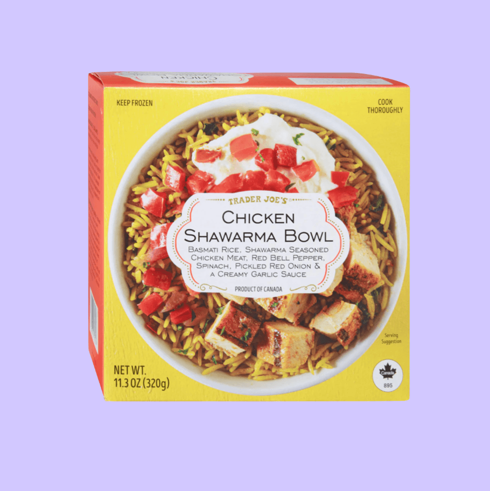 Trader Joe's Chicken Shawarma Bowl package with ingredients listed on the box.