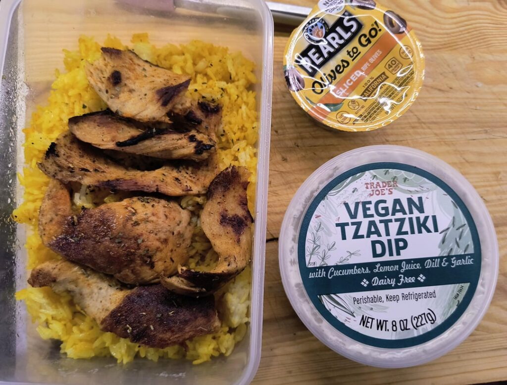 Very basic. Not great pics. But it was so delicious omg. Packed lunch, homemade Seitan chicken, curry rice, tzaziki sauce