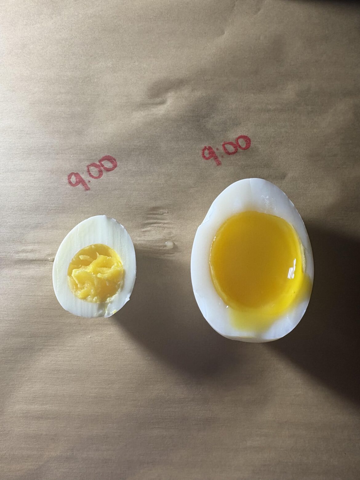 This is what 9 minutes does to two very different eggs