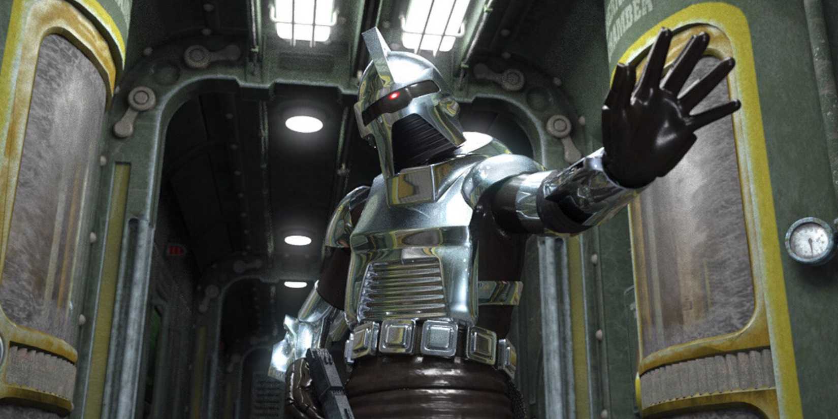 A promo shot of a Cylon reaching out in Battlestar Galactica