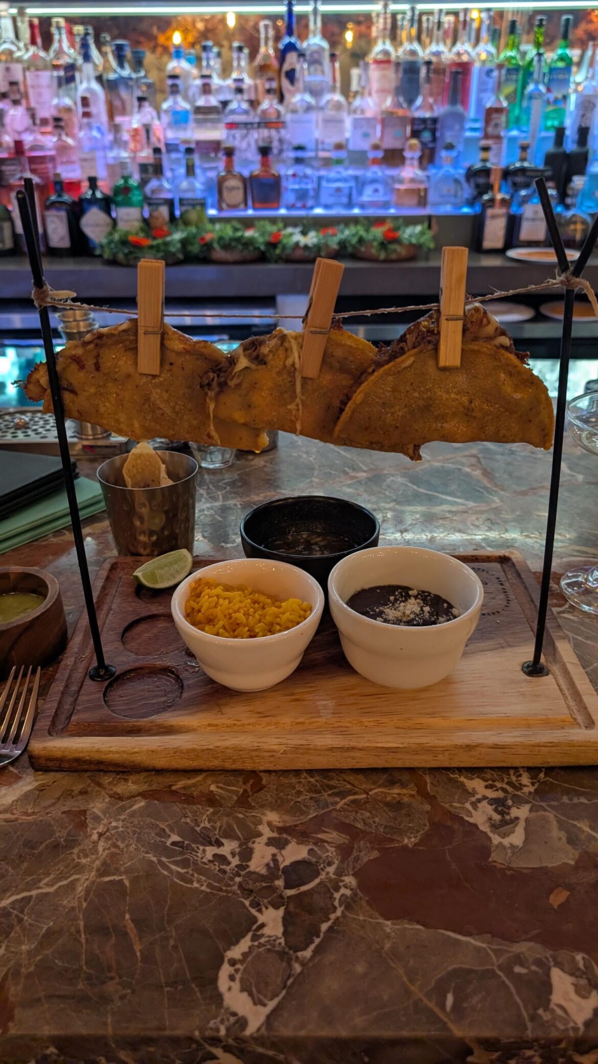 Tacos on a clothesline.