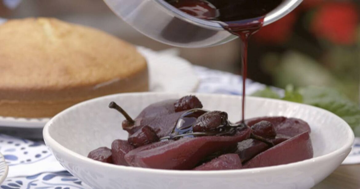 Red Wine Poached Pears (Pere in Camicia) from Chef Lidia Bastianich Red Wine Poached Pears (Pere in Camicia) from Chef Lidia Bastianich
