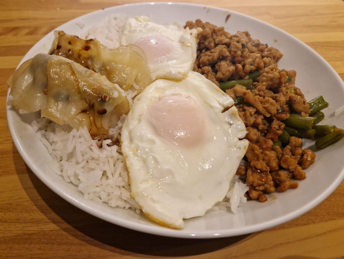 Pad Kra Pao with a couple of cheeky Gyoza thrown in for good measure.