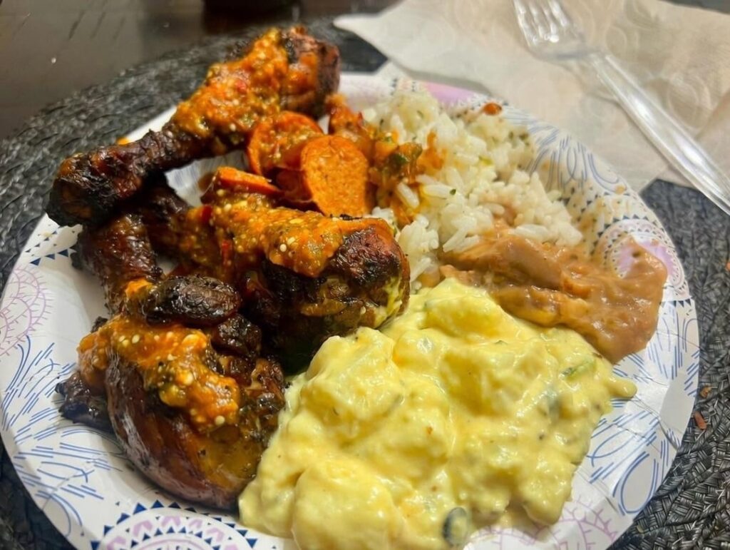 Chicken Drumsticks, sausage, beans and cilantro white rice and potatoes salad